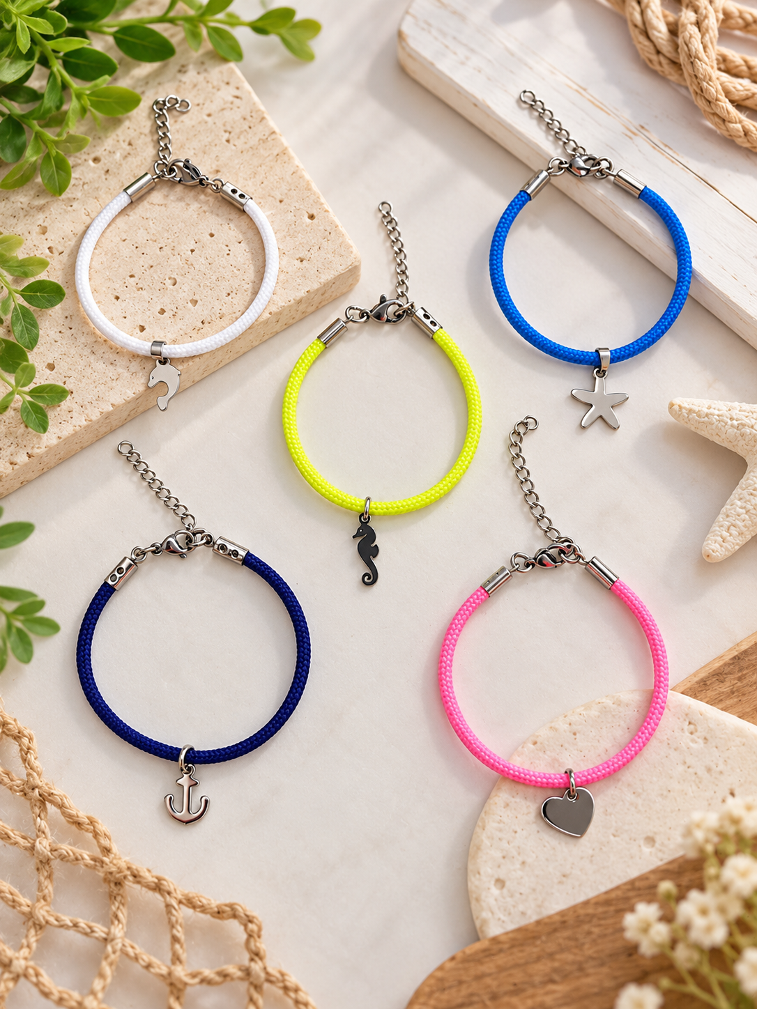 Set 5 Bracciale in Corda con Ciondolo in Acciaio Inox 💕